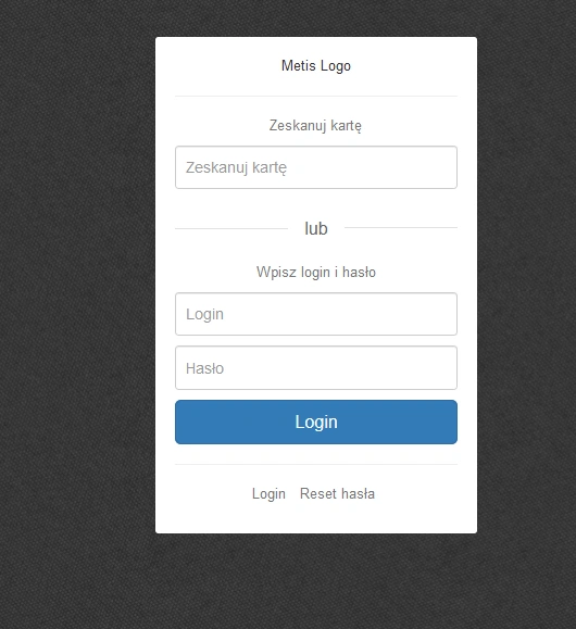 Widok ekranu logowania - formularz z polem na skanowanie karty, loginem i hasłem